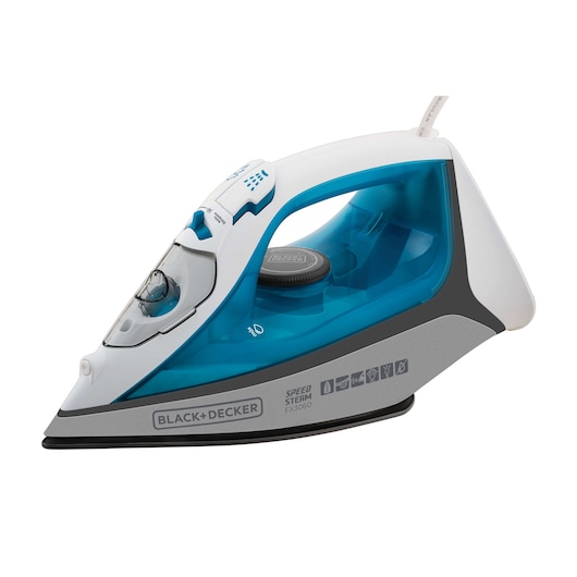Photo of BLACK+DECKER FX3060 steam iron with blue and white body, side angle on white background.