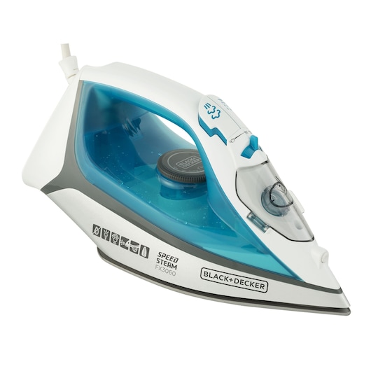 Photo of BLACK+DECKER FX3060 steam iron with white and blue body, transparent water tank, side view on white background.