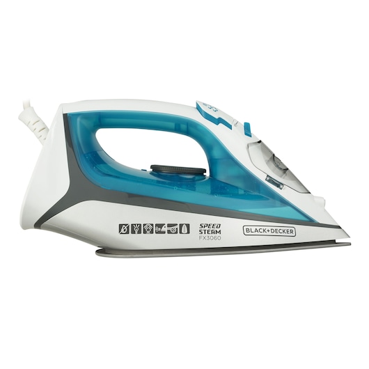 Photo of BLACK+DECKER FX3060 steam iron with blue and white body, side view on white background.