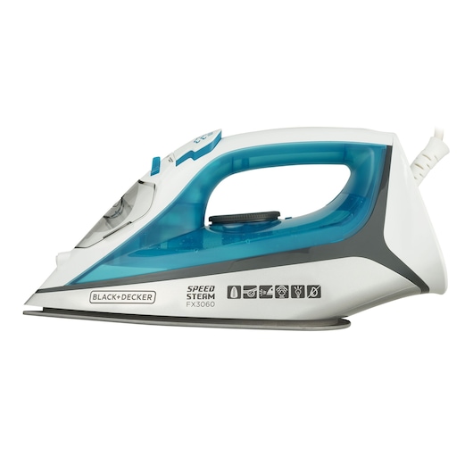 BLACK+DECKER FX3060 steam iron with blue and white body, side view, visible control dial and settings icons.