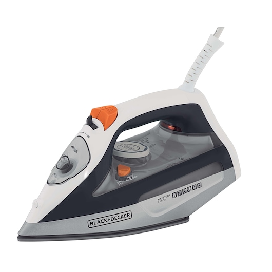 Photo of BLACK+DECKER FX3100 steam iron, white and gray with orange buttons, side angle on white background.