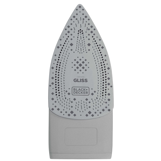 Photo of BLACK+DECKER FX3100 ceramic steam iron soleplate, gray with patterned steam holes, top view, product photography.
