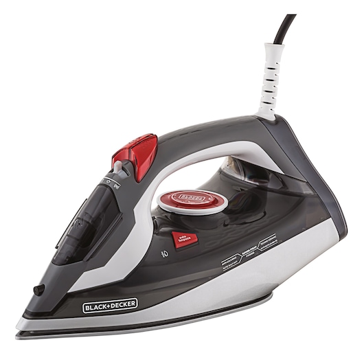 BLACK+DECKER FX900 steam iron, black and gray, side angle on white background.
