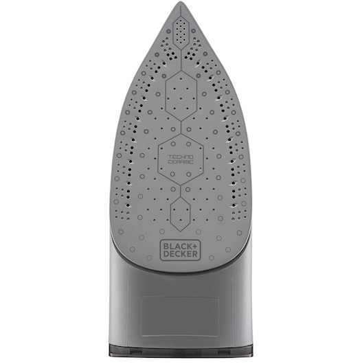 BLACK+DECKER FX900 steam iron soleplate, techno ceramic, hexagonal pattern, front angle, white background.