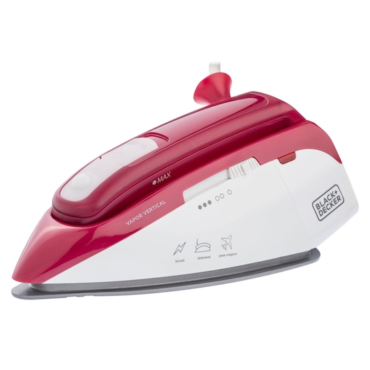 BLACKDECKER FXVG1 red and white steam iron, side angle on white background, compact and foldable design.