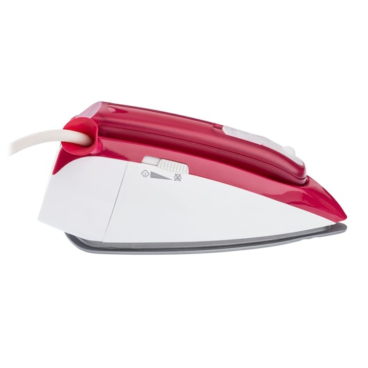 Photo of BLACKDECKER FXVG1 steam iron in red and white, side angle, with visible control dial and power cord.