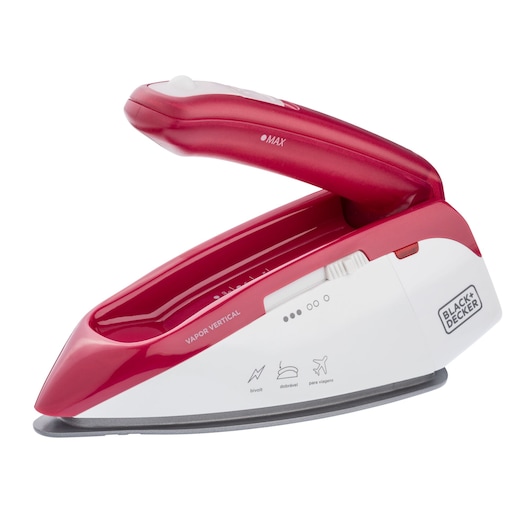 BLACKDECKER FXVG1 compact travel steam iron in red and white, side angle on white background.
