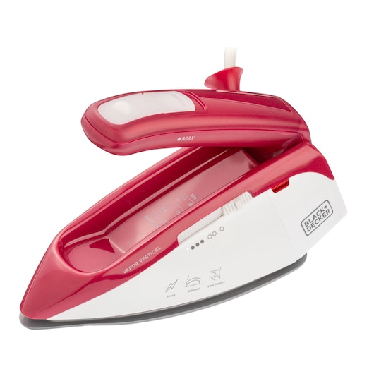 BLACK+DECKER FXVG1 red and white travel steam iron, side angle on white background.