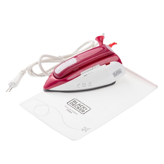 BLACK+DECKER FXVG1 travel steam iron in red and white, shown angled on a branded travel pouch, white background.