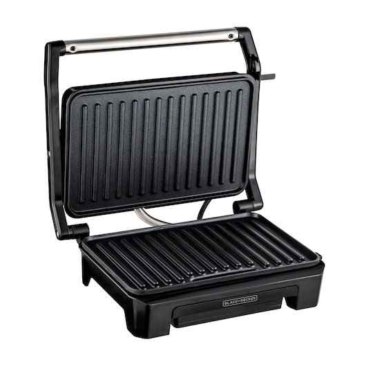 Photo of BLACK+DECKER G1200 electric grill with open lid, black body, and ridged nonstick grill plates, angled view.