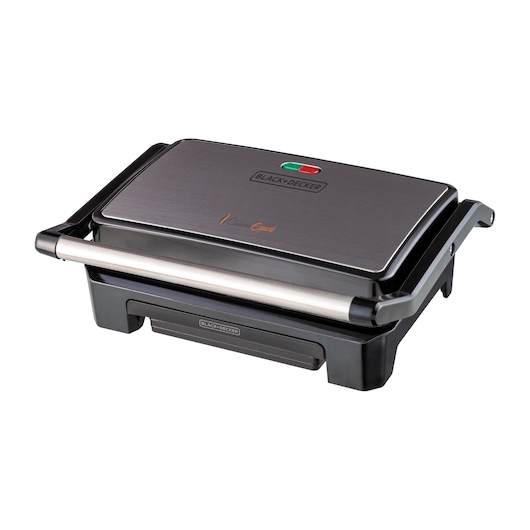 Photo of BLACKDECKER G1200 countertop electric grill with stainless steel handle, closed, angled on white background.