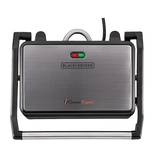 BLACK+DECKER G1200 stainless steel panini press with indicator lights, top-down view on white background.