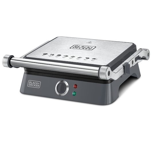 Photo of BLACKDECKER G1400 stainless steel electric grill with adjustable knob and indicator lights, angled front view.