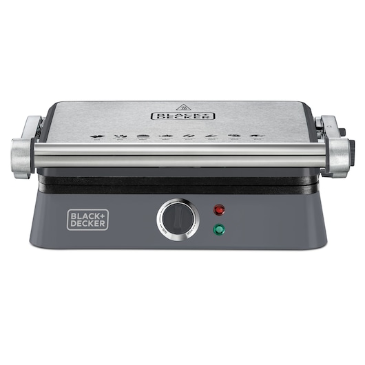 BLACK+DECKER G1400 electric grill with stainless steel lid, control knob, and indicator lights, front view.