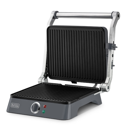 Photo of BLACKDECKER G1400 electric grill with open lid, silver and black finish, stainless steel sides, front angle.