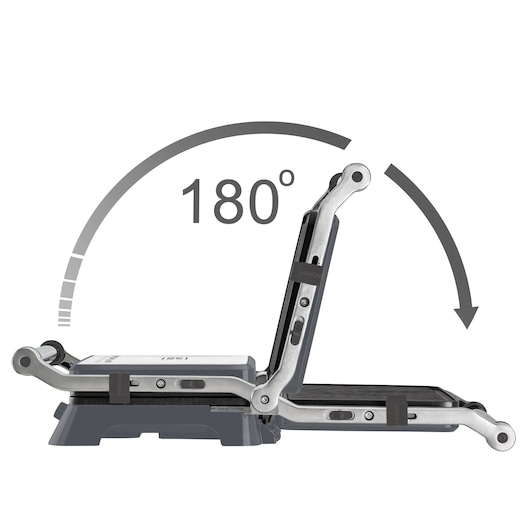 BLACKDECKER G1400 folding workbench in side view, showing 180 degree adjustable hinge feature on white background.