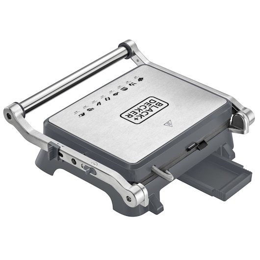 BLACKDECKER G1400 stainless steel contact grill with adjustable handle and removable drip tray, front angle.
