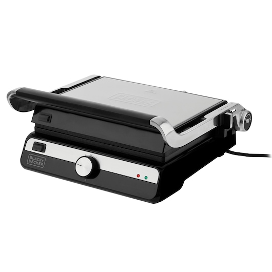 Photo of BLACK+DECKER G1500G stainless steel electric grill with adjustable knob, front angle on white background.