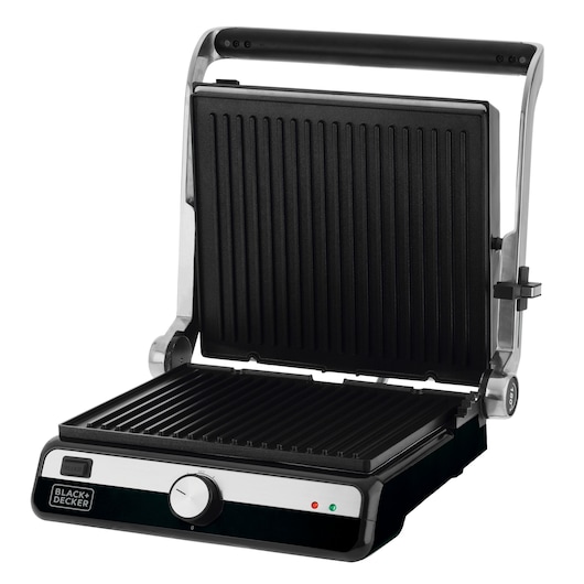 BLACKDECKER G1500G electric grill with open lid, black and silver, showing nonstick grill plates, front angle.