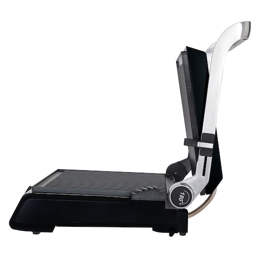 BLACKDECKER G1500G indoor grill, side angle, black with silver handle, ribbed grill plate.