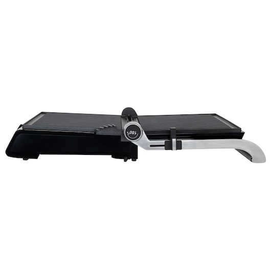 Photo of BLACKDECKER G1500G electric grill with black grilling surface and silver handle, side angle on white background.