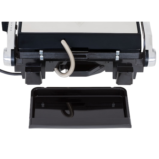 BLACKDECKER contact grill G1500G close-up, showing grease tray and lower grill details, front angle, white background.