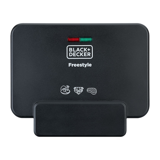 BLACK+DECKER Freestyle grill with indicator lights and food icons on the front panel.