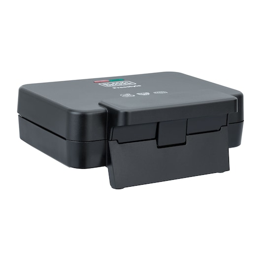 Black+Decker electric grill in black, closed, with indicator lights on top and front drip tray.