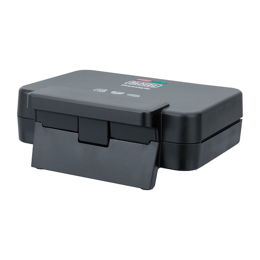 Black compact BLACK+DECKER grill sandwich maker with closed lid, shown on a white background.