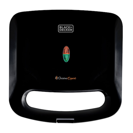 BLACK+DECKER GS800 black sandwich maker with red and green indicator lights, top view on white background.