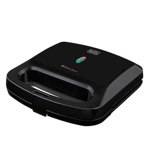 Photo of BLACKDECKER GS800 sandwich maker, black color, front angle, with indicator lights on top.
