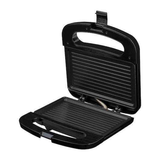 BLACKDECKER GS800 sandwich maker with open lid, black, showing non-stick grill plates, front angle on white background.