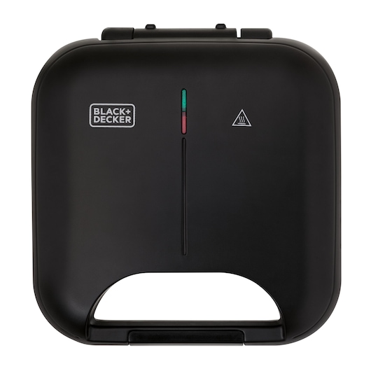 Photo of BLACK+DECKER GW750 black sandwich maker closed, showing top view with indicator lights and handle.