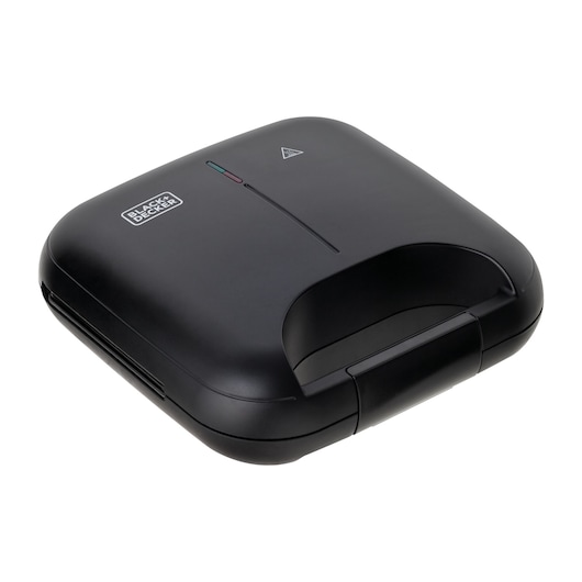 BLACKDECKER GW750 black sandwich maker, closed, top angle, with visible handle and indicator lights.