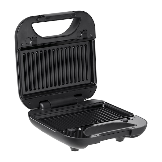 BLACKDECKER GW750 black sandwich maker with open lid, showing non-stick grill plates, front angle on white background.