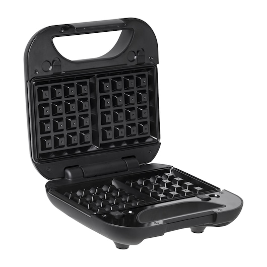 BLACKDECKER GW750 black waffle maker, open, showing nonstick plates, front angle, kitchen appliance.