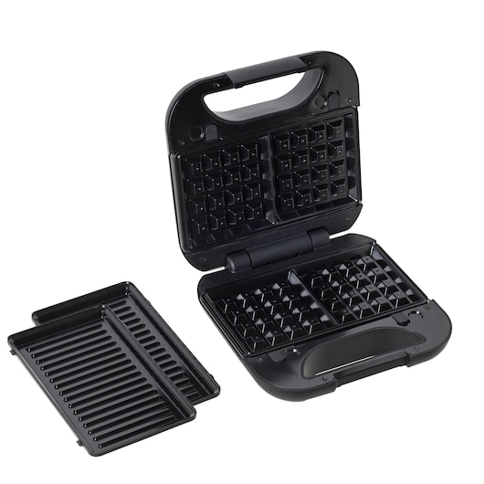 BLACKDECKER GW750 black waffle maker with open lid and removable grill plates, photographed on white background.