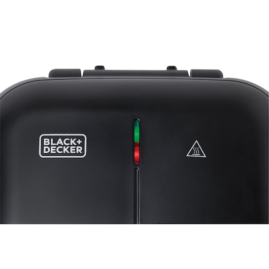 BLACK+DECKER GW750 sandwich maker top view with brand logo, heat indicator lights, and steam warning symbol.