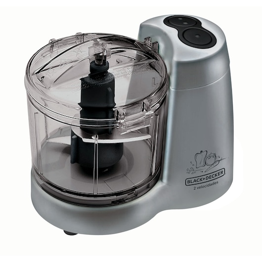 Photo of BLACKDECKER HC32P mini food processor with clear plastic bowl and silver body, front angle on white background.