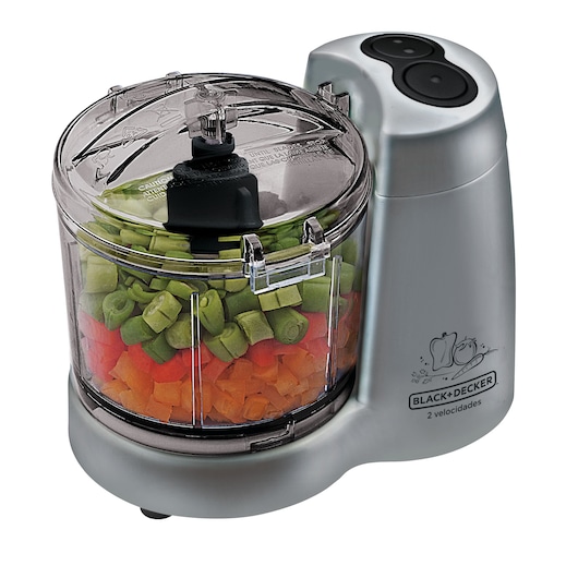 BLACKDECKER HC32P silver food processor with chopped vegetables inside, front angle photo.