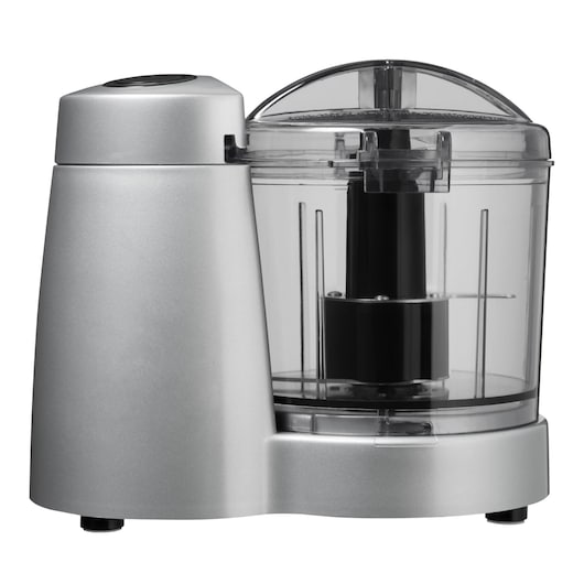 BLACKDECKER HC32P compact food chopper with silver base and clear bowl, side view on white background.