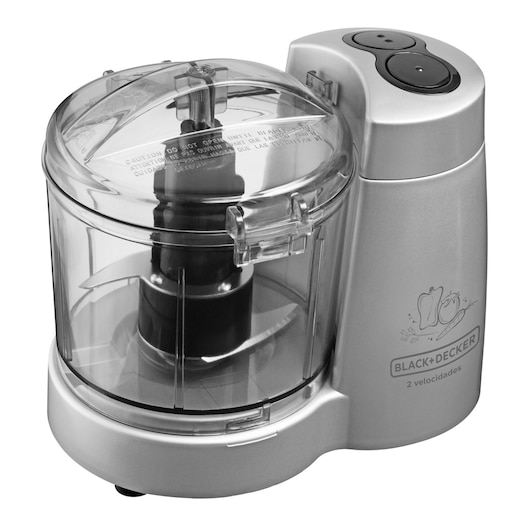BLACKDECKER HC32P food chopper, silver body, transparent bowl, front angle on white background.