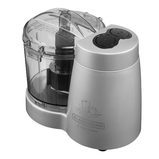 BLACKDECKER HC32P silver food chopper with transparent lid, front angle on white background.