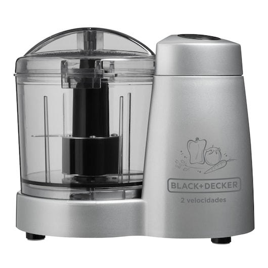 BLACK+DECKER HC32P silver food chopper, side angle on white background, clear bowl and two-speed control.