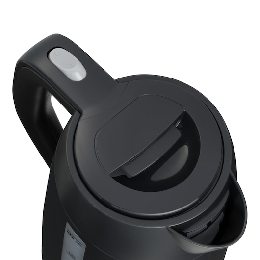 BLACKDECKER K2200 electric kettle, black finish, top angle showing lid and handle.