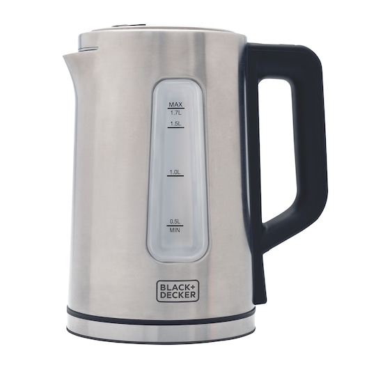 BLACK+DECKER KEPG stainless steel electric kettle, side angle, black handle, visible water level window.