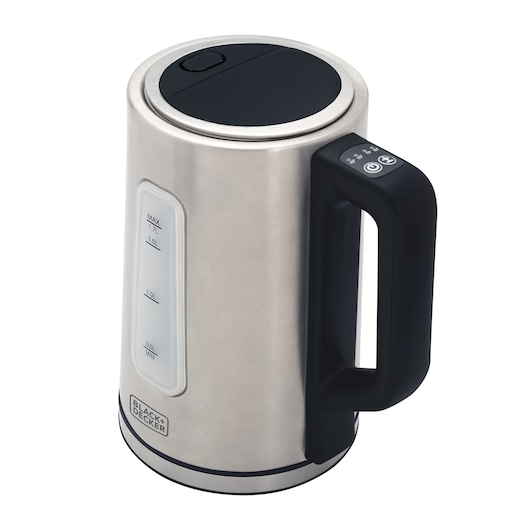 Photo of BLACK+DECKER KEPG stainless steel electric kettle with black lid and handle, side angle on white background.