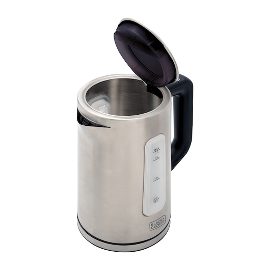 BLACKDECKER KEPG stainless steel electric kettle with open lid, side water level indicator, studio angle.