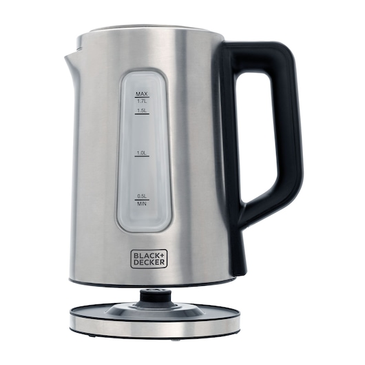 BLACK+DECKER KEPG electric kettle stainless steel with black handle on base, side view, white background.