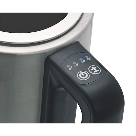 BLACKDECKER electric kettle KEPG close-up showing stainless steel body, black handle with temperature control and power button.